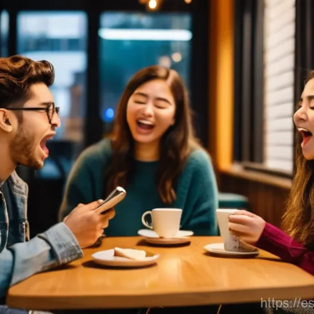 소셜미디어에서의 균형 잡힌 삶의 중요성 - **Digital Disconnection in a Social Setting:** A vibrant and cozy coffee shop scene, with warm, invi...