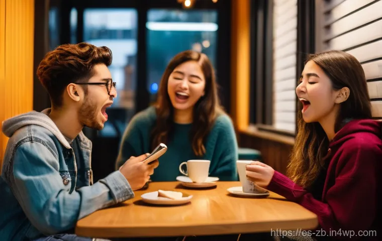 소셜미디어에서의 균형 잡힌 삶의 중요성 - **Digital Disconnection in a Social Setting:** A vibrant and cozy coffee shop scene, with warm, invi...