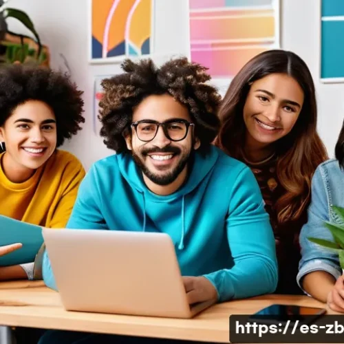 Home 32 소셜미디어 사용의 패러다임 변화 - A vibrant digital workspace scene featuring a diverse group of young Hispanic content creators activ...