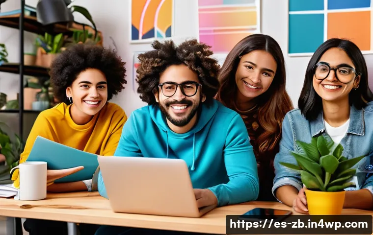 소셜미디어 사용의 패러다임 변화 - A vibrant digital workspace scene featuring a diverse group of young Hispanic content creators activ...