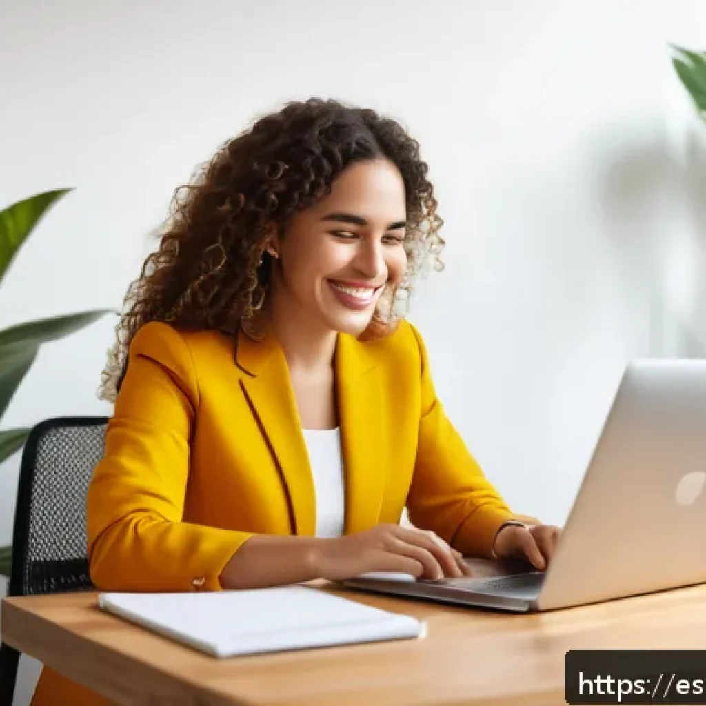 소셜미디어 활용한 개인 브랜드 구축하기 - A confident young Hispanic woman sitting at a modern desk in a bright home office, smiling warmly as...